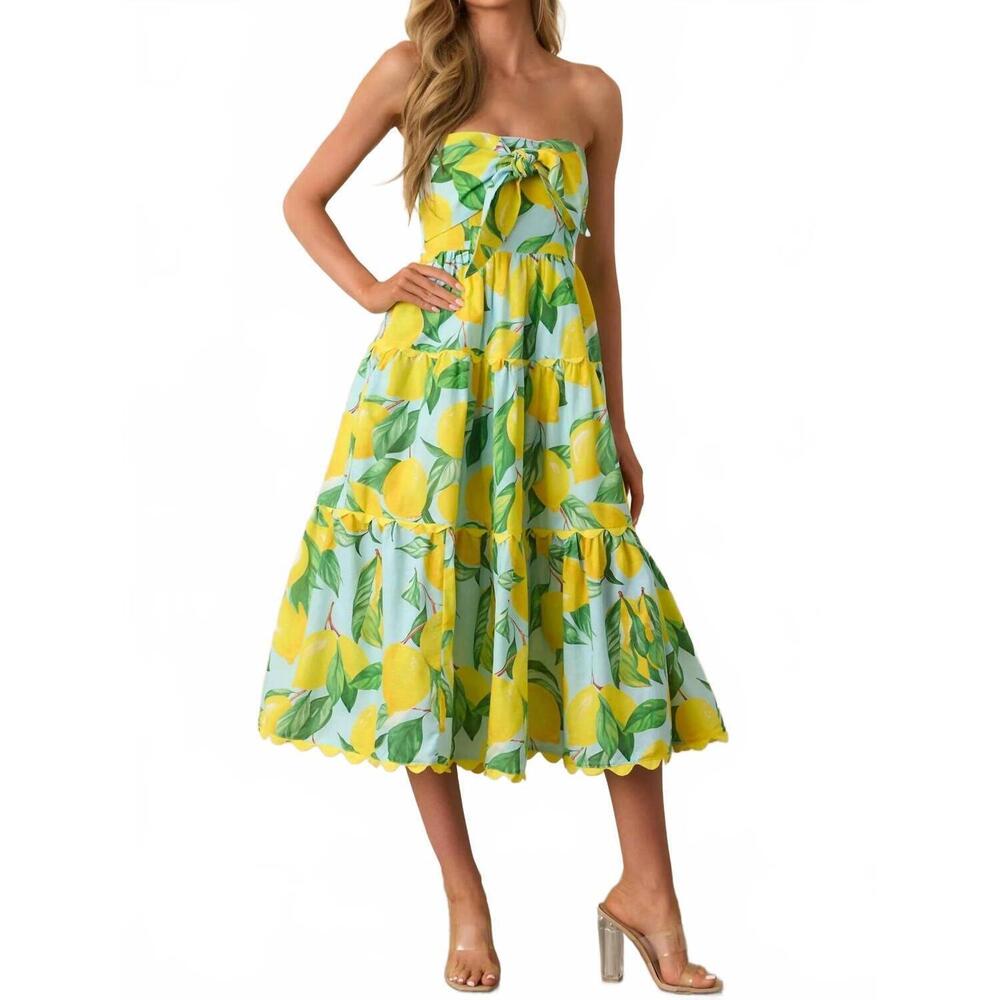 NEW PROSPERINA elena strapless midi dress in blue lemon